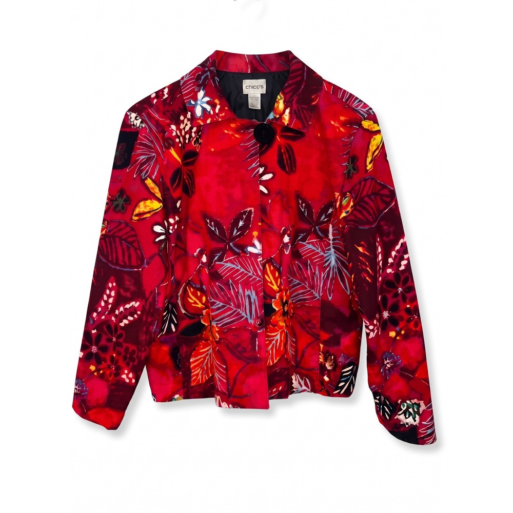 Chicos Red Floral Botanical Print Single Button Jacket Art To Wear Size 1